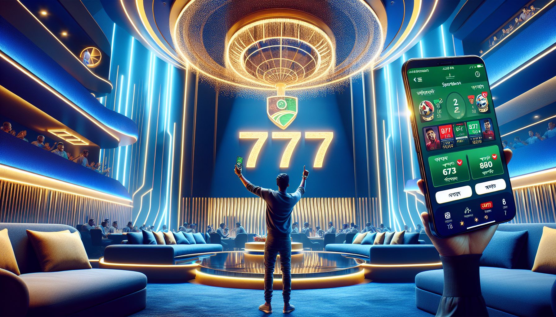 Bangladeshi sports fan following a thrilling cricket match and placing bets in a bright modern setting