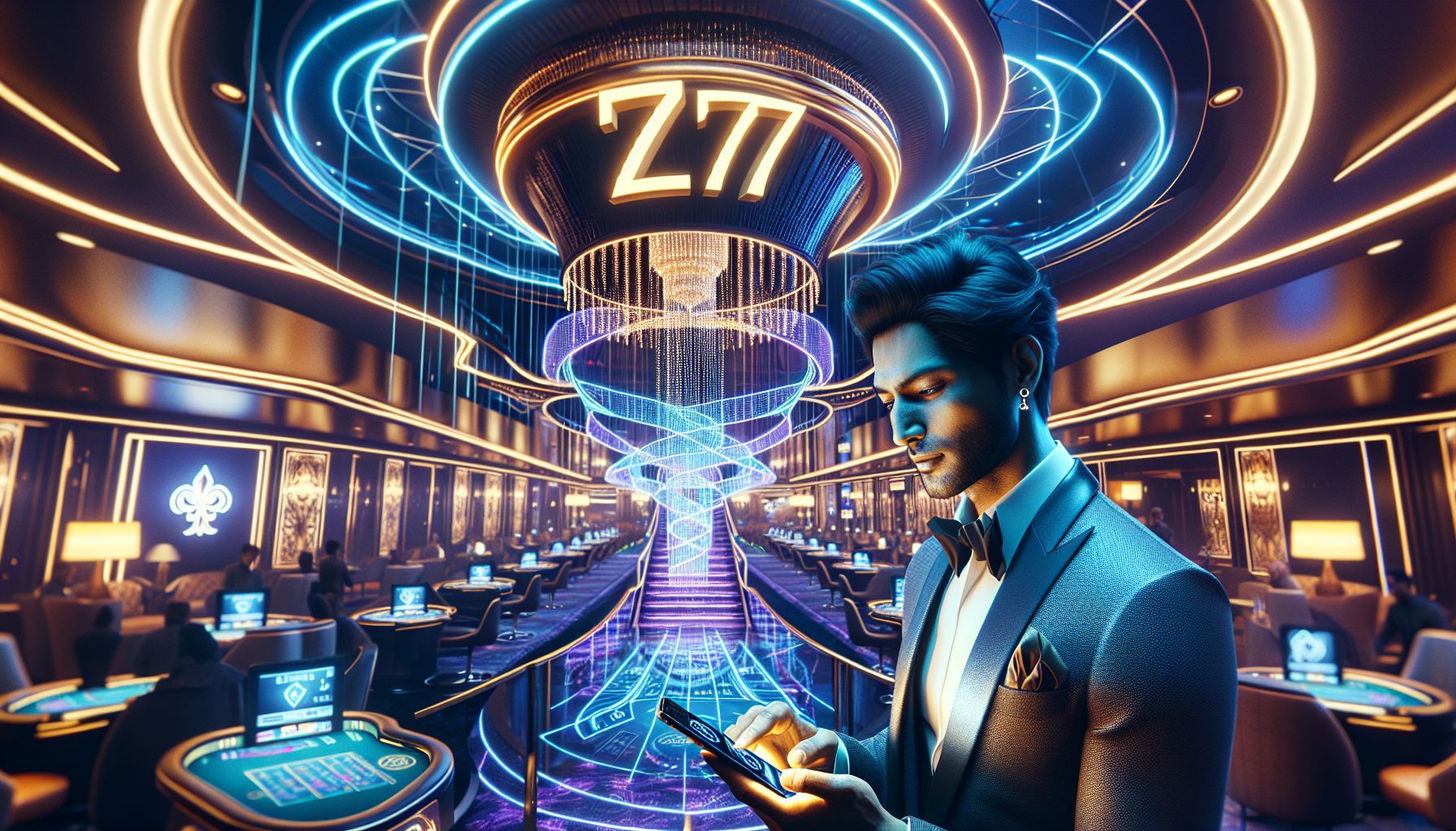 Bangladesh player using a mobile device in a modern digital casino setting with bright lights and premium 7Z777 gaming atmosphere