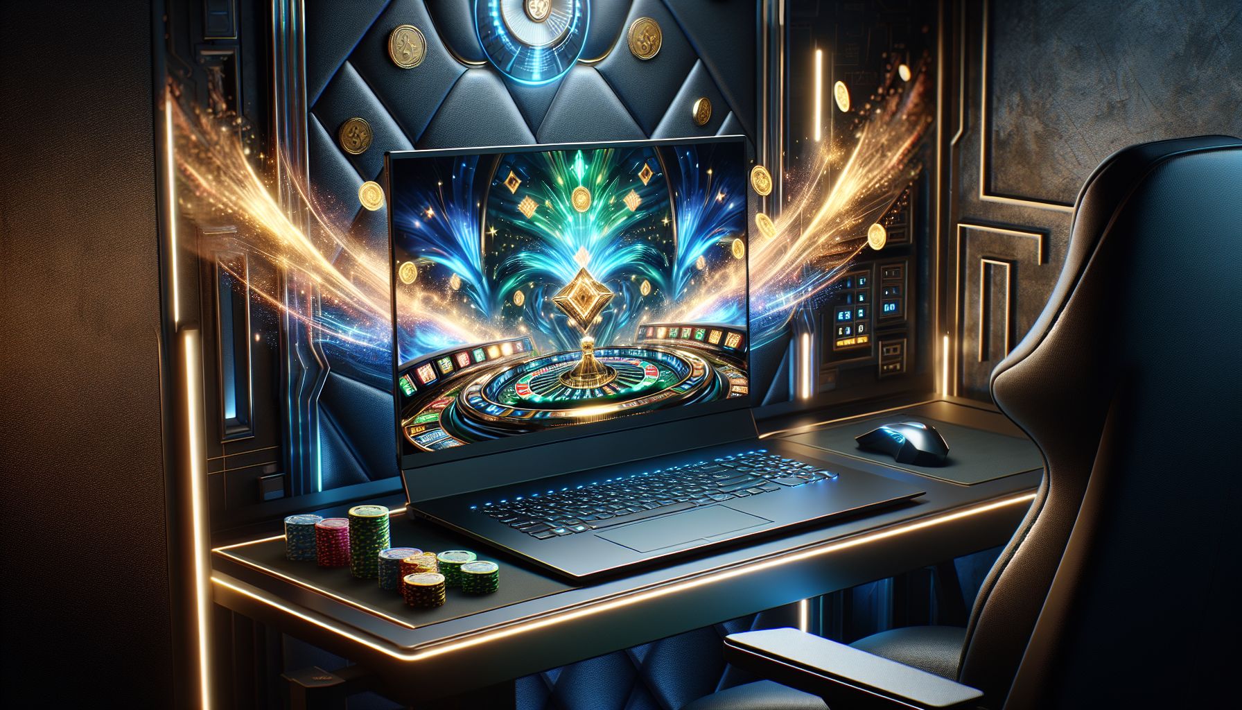 Laptop displaying vibrant casino games with glowing symbols, coins and sharp digital effects inspired by the 7Z777 platform in Bangladesh