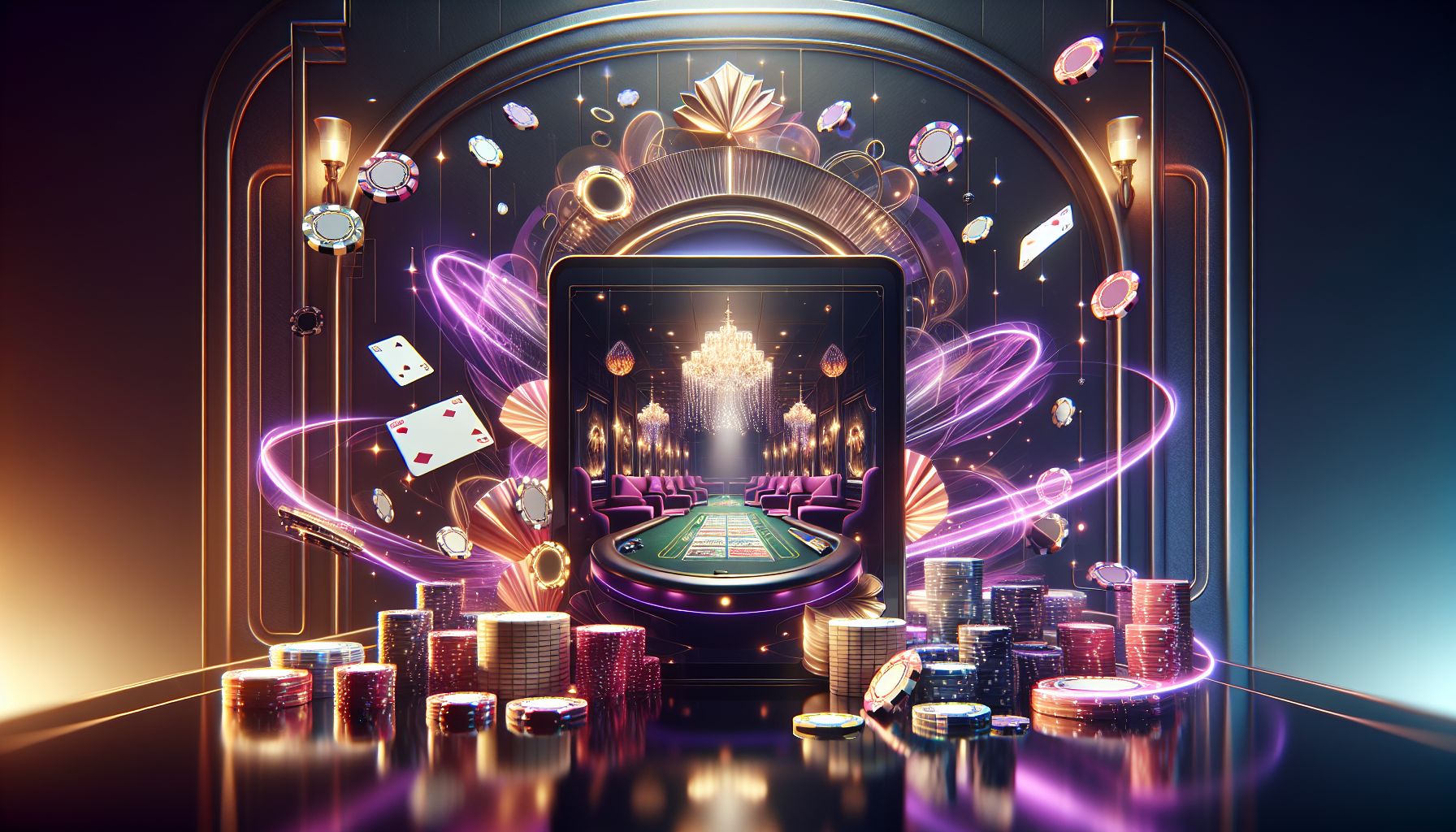 Focused gamer in a sleek neon-lit environment with floating cards and digital casino visuals representing the premium feel of 7Z777 in Bangladesh